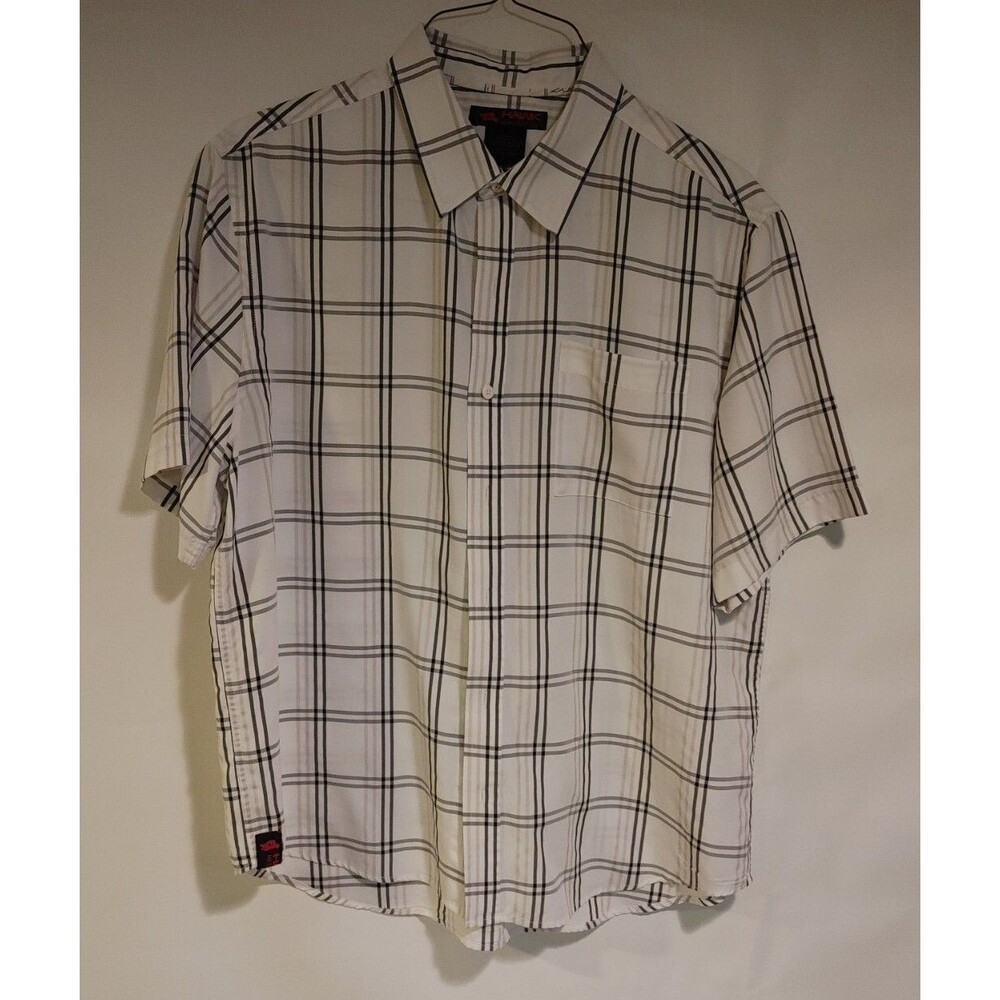 Hawk White Plaid Shirt Short Sleeve Single Pocket Men's Large